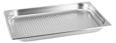 A single, perforated stainless steel food pan.