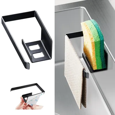 Produktbild von Spülschwammhalter, selbstklebender Küchenschwammhalter, Geschirrspülschwammhalter, Geschirrtuchhalter, Küchenorganizer, 2-in-1-Geschirrtuchhalter aus Edelstahl, schwarz