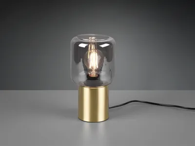 Produktbild von LED Tischleuchte Zylinderform Messing Rauchglas Lampenschirm schmale Tischlampe