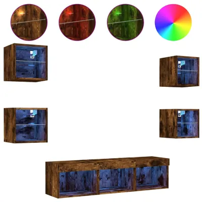 Produktbild von 7-tlg. Wohnwand mit LED-Beleuchtung Räuchereiche Holzwerkstoff