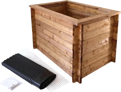Produktbild von Massives Hochbeet aus Holz, 145 cm lang, Frühbeet als Set mit Noppenfolie und Nagerschutzgitter