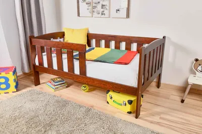 Produktbild von Bettrahmen für Kinder / Kinderbett 90 x 160 cm | Massivholz: Kiefer | Nuss Lackiert