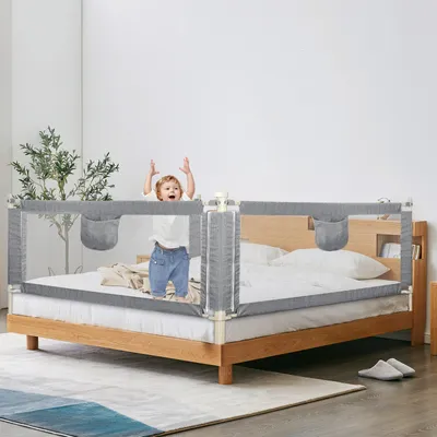 Produktbild von 2 Seiten Baby Bettgitter Kinder Bettgitter Bettschutzgitter Höhenverstellbar Rausfallschutz für Bett grau（200cm*1 Seiten+180cm*1 Seiten）