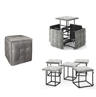 Produktbild von Hocker Set 5-in-1 Sitzhocker-Transformer XL 50 cm Grau Wildleder-Optik Rollbar