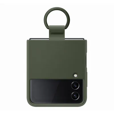 A close-up studio shot of a green phone case with a ring attached.