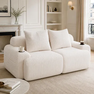 Produktbild von Cord Sofa Beige 2 Sitzer Modulsofa Vakuumverpackt Ecksofa Modular Couch mit Getr?nkehalter Seitentasche Wohnlandschaft L Form Wohnzimmersofa Polstersofa Minisofa