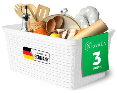 Obrázek produktu pro Novaliv Sada 3 košů na potraviny Kuchyňské skladování 14L Bílý plastový ratanový vzhled Kuchyňské skladování a organizace Bez BPA Dóza na potraviny pro čajové sáčky Svačinky Koření