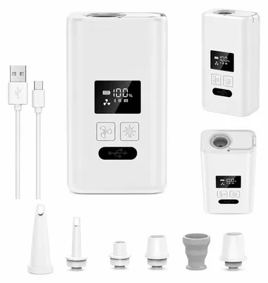 Produktbild von Mini Camping Luftpumpe elektrisch, kabellose Akku Pumpe zum Aufpumpen und Absaugen, für Luftmatratze, Pool, Schwimmreifen, mit LED Lampe und USB-C
