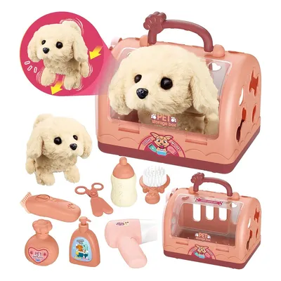 A collection of toy pet grooming accessories and carriers, including a plush dog, a dog carrier, a hairdryer, a comb, scissors, and bottles.
