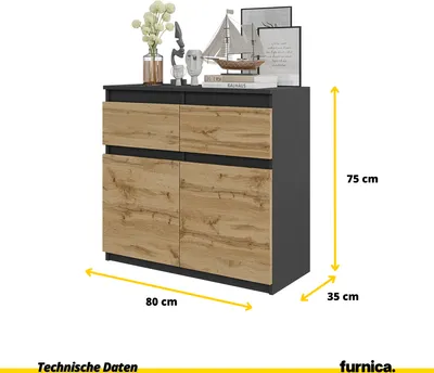 Image de FURNICA - NOAH - Commode / Sideboard avec 2 tiroirs et 2 portes - Gris Anthracite / Chêne Wotan H75cm L80cm P35cm