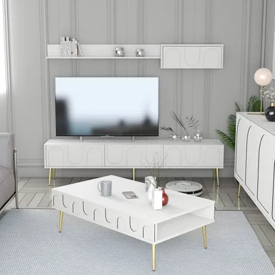 Produktbild von Skye Decor, Lyon 3 - White, Gold, Wohnzimmermöbel-Set, Weiß, 100 % MELAMINBESCHICHTETE SPANPLATTEN, 180 x 35 x 43 cm
