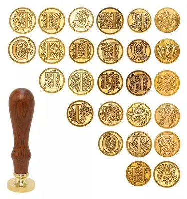 Image de Kit de tampons à cire avec initiales de l'alphabet, en cuivre, comprenant 2 poignées en bois, 26 lettres (A à Z), présenté dans une boîte cadeau