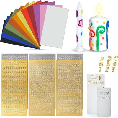 Productafbeelding van Waskleurplaten in 12 kleuren, 3 gouden en 3 zilveren letterstickers, geschikt voor doopkaarsen en communiekersen