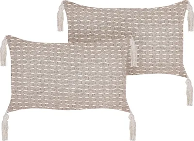 Obrázek produktu pro BELIANI Sada 2 dekorativních polštářů taupe 25 x 45 cm geometrický vzor střapce snímatelné potahy s výplní