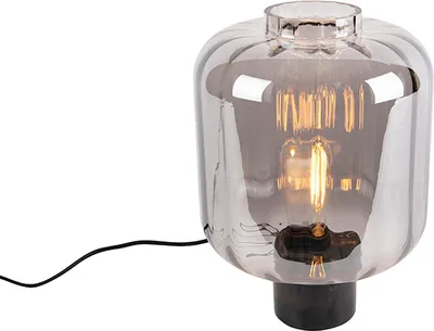 Produktbild von QAZQA - Design Tischlampe schwarz mit Rauchglas - Qara I Wohnzimmer I Schlafzimmer - Zylinder - LED geeignet E27