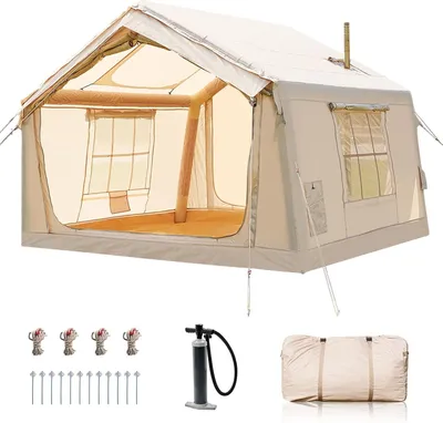 Produktbild von Meulbaty Aufblasbares Campingzelt 4-6 Personen, PU3000mm Wasserdicht, 210cm Stehhöhe, Kaminöffnung & 360° Netzfenster
