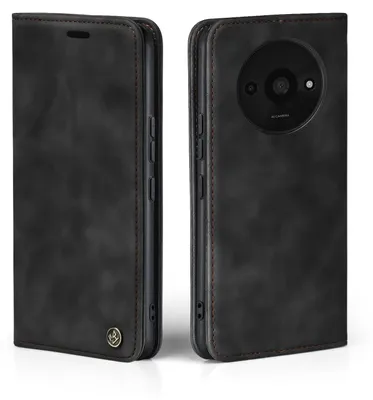 A black flip case for a smartphone is shown from two angles.
