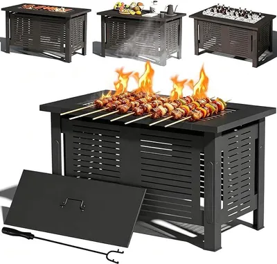 Produktbild von Feuertisch mit Grillrost & Grillzange für Heizung/BBQ Grill | 108x58x63cm Metall Feuerschale, 3-in-1 Holzbrennender Gartenfeuerstelle als Tisch für Gartenpartys verwenden, Schwarz