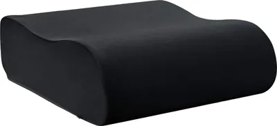 A black seat cushion with a curved shape.