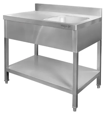 Zdjęcie produktu dla Kuchenny stół gastronomiczny ze stali nierdzewnej przyścienny ze zlewem po prawej stronie i z półką Mega-M 100x60x85 cm