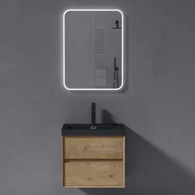 Produktbild von doporro Badmöbelset Waschbecken-Unterschrank mit Soft-close in Kerneiche Wandhängender Badezimmerunterschrank 60cm inkl. matt Anthrazit Mineralguss-Waschbecken und LED-Spiegel Rimo
