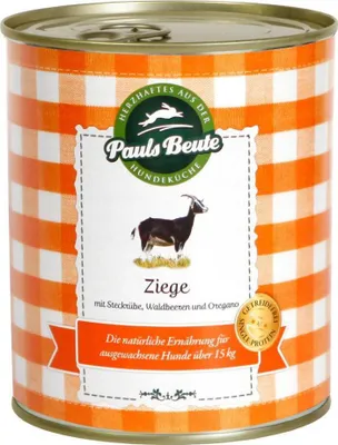 A can of dog food with a checkered pattern and a label featuring a goat illustration.