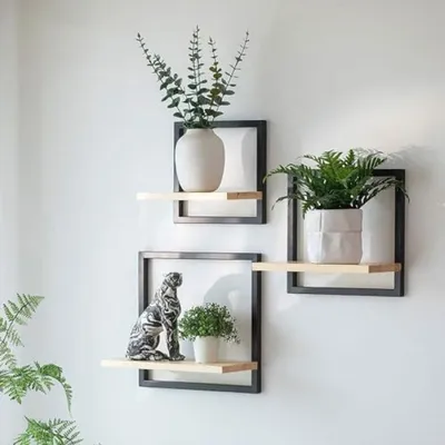 Produktbild von PromoHome® Set von 3 quadratischen Wandregalen aus schwarzem Metall - Moderne Wanddekoration