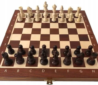 A wooden chessboard with chess pieces set up for a game.