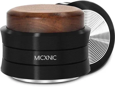 Produktbild von Espresso-Tamper 54mm, selbstnivellierende Kaffee-Tamper für Portafilter, mit Walnuss- und schwarzer Oberfläche, 304-Stahl-Wavelength-Untergrund