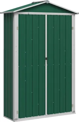 A green metal shed with silver trim and a pitched roof, shown from the front.