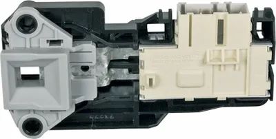 A close-up, studio shot of a washing machine door lock mechanism.