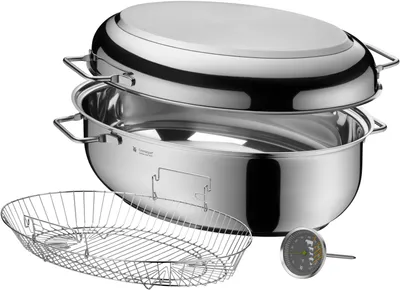 Produktbild von WMF Bräter Induktion 41x28,5x18 cm mit Bratenthermometer und Einsatz, Schmortopf 8,5l mit Induktions-Deckel, Cromargan Edelstahl, backofenfest