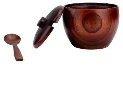 Produktbild von Zuckerdose aus Holz mit Deckel und Löffel, Gewürzbox für Salz, Pfeffer, Zucker und Kräuter