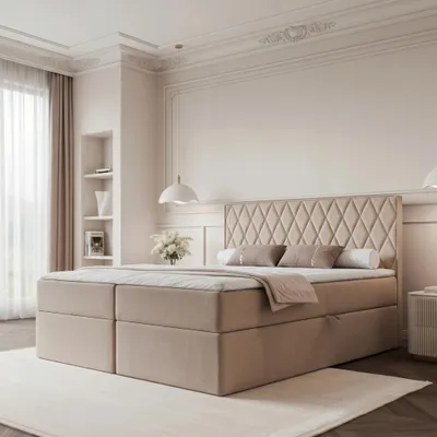 Productafbeelding van Boxspringbed PONTI 160x200, ruitenmotief, bedbodem, Bonell-matras, fluweel, beige
