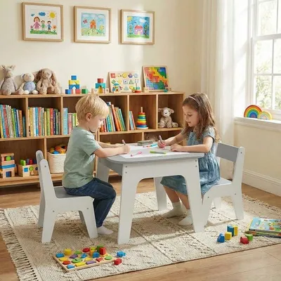 Imagen del producto de Mesa infantil con 2 sillas, juego de mesa infantil con tablero reversible