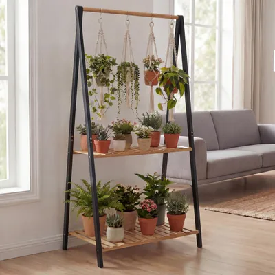 Produktbild von Bambus Pflanzenregal MCW-Q32, Blumentreppe Pflanzentreppe Badregal, Stange 2 Ablagen 130x70x44cm natur-schwarz