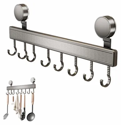 Image de Support de rangement pour ustensiles de cuisine avec ventouse et 8 crochets, 40 cm