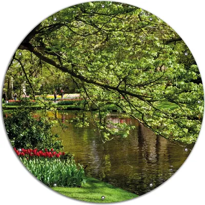 Produktbild von Wallario rundes Outdoor-Poster für Garten oder Balkon, Motiv Bunte Blumen im Park am Wasser - Frühblüher am Ufer, 120 cm Durchmesser