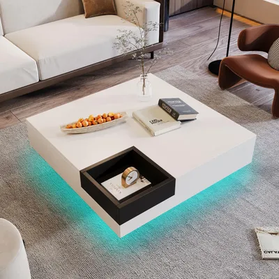 Produktbild von Hochglänzender Couchtisch 72 x 72 x 30 cm, schwarz-weißer Farbblock, Wohnzimmer-/Beistelltisch mit herausnehmbarem Ablagefach und LED-Lichteffekt