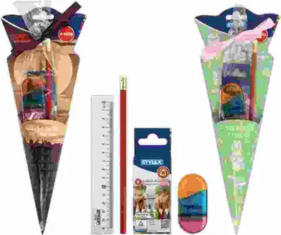 Zdjęcie produktu dla Rożek szkolny 35cm wielokolorowy STYLEX 47158 4-częściowy z wypełnieniem