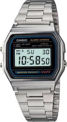 A close-up studio shot of a silver Casio digital watch with a black and blue face.