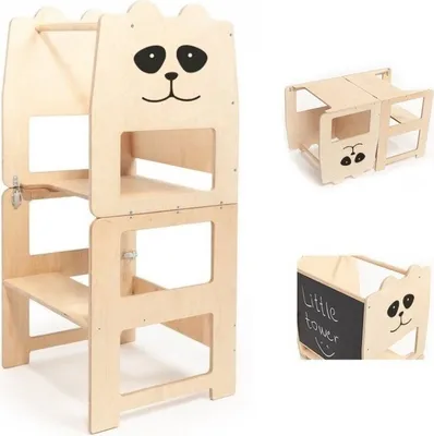 Obrázok produktu pre Montessori vzdelávacia veža 3v1 s tabuľou, skladacia na stôl a stoličku (prírodná)