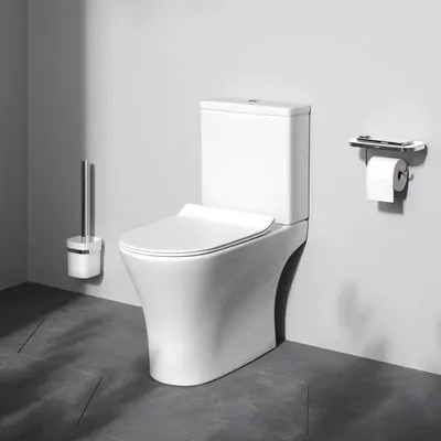 A white toilet with a toilet brush holder and a toilet paper holder with a phone stand.