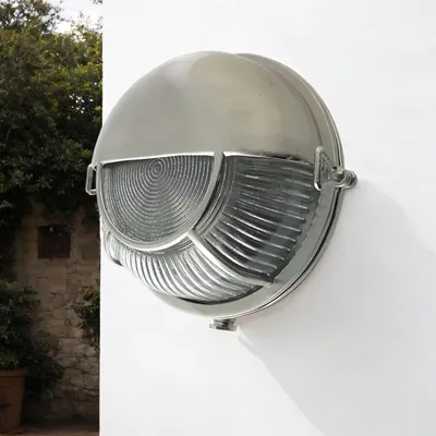 Produktbild von Außenlampe Wand Messing massiv Glas rund D: 17,5 cm IP64 Nickel matt E27 Maritim Kellerleuchte