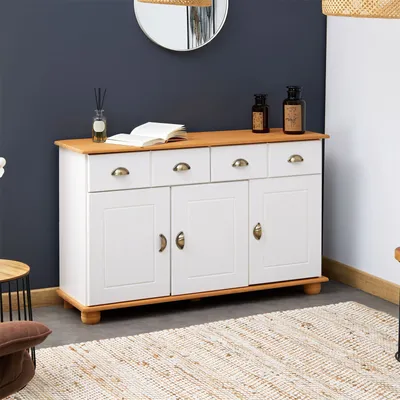 Produktbild von Sideboard COLMAR, Weiß/Braun - Landhaus Kommode mit 2 Schubladen und 3 Türen, Kiefer Massivholz, Muschelgriffe aus Metall, ideal für Flur oder Wohnzimmer