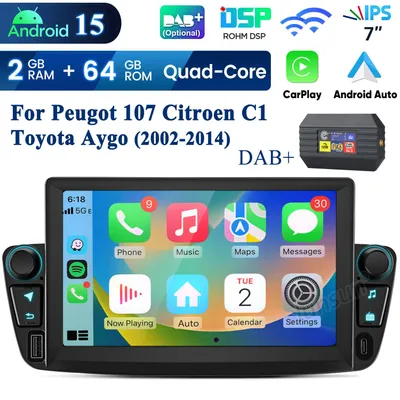Zdjęcie produktu dla 2+64G Carplay 7 "Android 15 Autoradio Für Peugot 107 Citroen C1 Toyota Aygo GPS Navi WIFI BT FM USB RDS DSP Mit DAB-Adapter