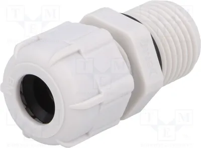 A white plastic cable gland with a threaded end and a sealing grommet.