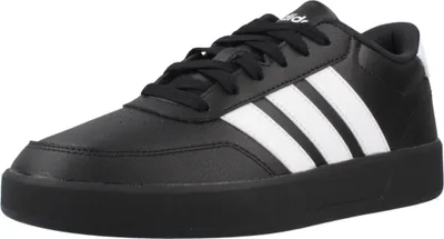 A black Adidas sneaker with white stripes is shown from a side angle against a white background.