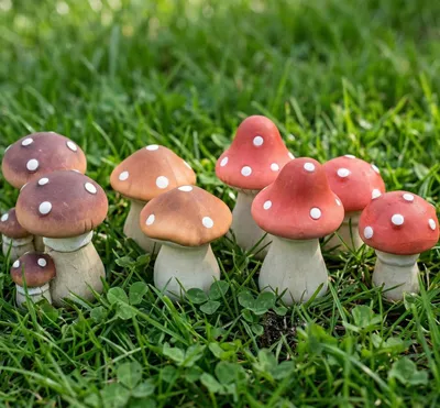 Produktbild von 8 kleine Fliegenpilze aus Terracotta, 5 - 7 cm hoch, Herbstdeko, Dekopilze, Dekofiguren Set