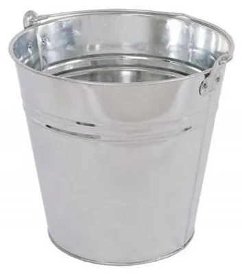 A single, empty, galvanized iron bucket with a handle, shown against a white background.